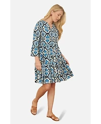 Yumi Women's Ikat Print 3/4 Sleeve Tunic Dress
