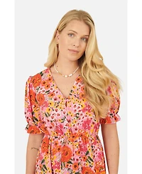 Yumi Women's Short Sleeve V-Neck Printed Midi Dress