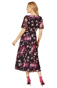 Yumi Women's Mesh Skater Floral Midi Dress