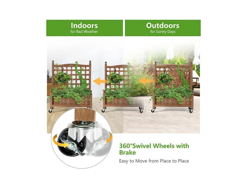 Lucky One 32 Inch Wooden Planter Box with Trellis and Wheels, Raised Garden Bed