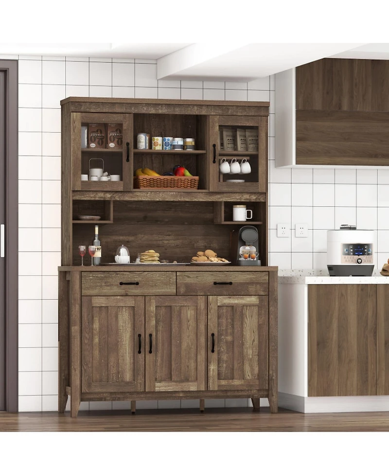 Gouun Kitchen Hutch Cabinet with Microwave Countertop and Tempered Glass Doors