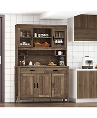 Gouun Kitchen Hutch Cabinet with Microwave Countertop and Tempered Glass Doors