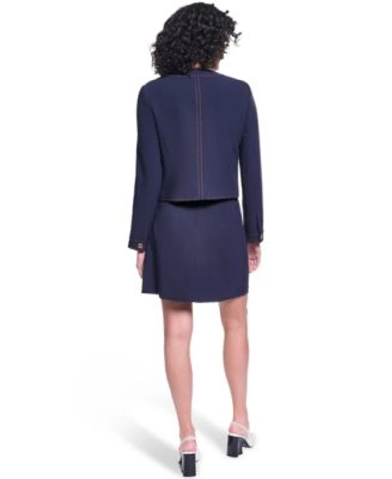 Karl Lagerfeld Paris Womens Twill Contrast Stitch Round Neck Cropped Jacket Invisible Zipper Mini Skirt
