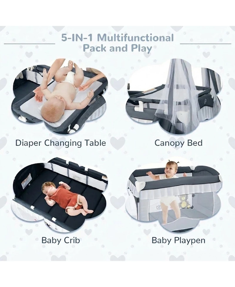 Gouun Baby 4-in-1 Convertible Bassinet with Changing Table, Music Box and Wheels