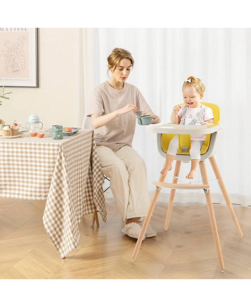 Gouun Baby 3-in-1 Convertible Wooden High Chair with Adjustable Tray and 5-Point Harness