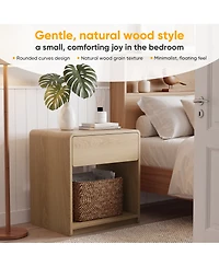 Rainsken Mid-Century Modern Nightstand Set of 2, Wooden Bedside Table with Storage Drawers, Open Shelves and Rounded Corners Design for Bedroom