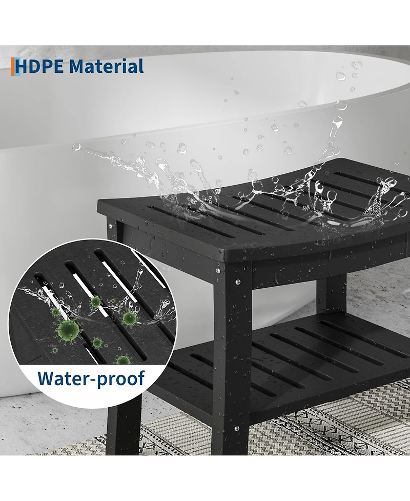 homfan Hdpe Waterproof Shower Bench with Storage Shelf - 20.6" Stable Non-Slip Bathroom Seat - 400lbs Weight Capacity - Comfortable and Safe Stool