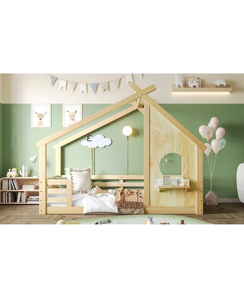Streamdale Furniture Wood Floor Bed with House Frame and Shelf
