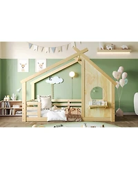 Streamdale Furniture Wood Floor Bed with House Frame and Shelf