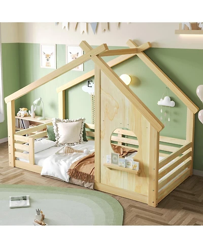 Streamdale Furniture Wood Floor Bed with House Frame and Shelf