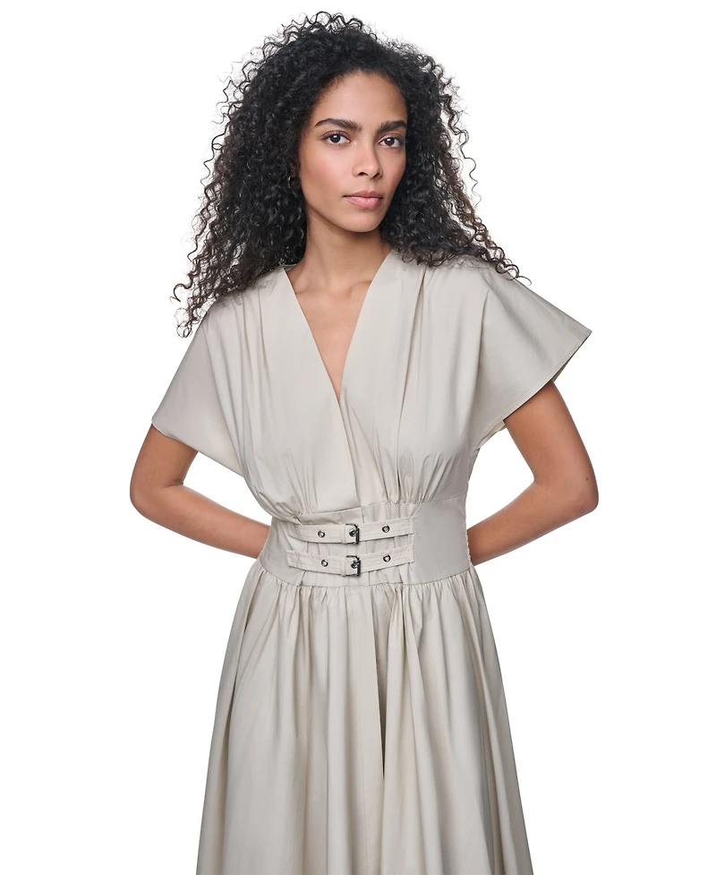 Dkny Jeans Women's Poplin Smocked-Waist V-Neck Midi Dress