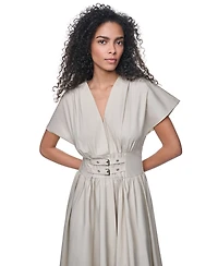 Dkny Jeans Women's Poplin Smocked-Waist V-Neck Midi Dress