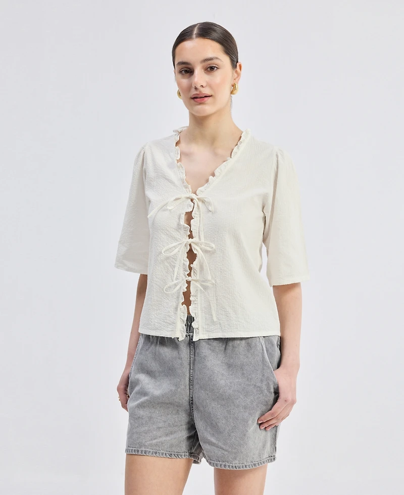 Reistor Women's Relaxed Fit Top With Ruffles and Front-Ties Cream
