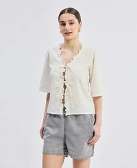 Reistor Women's Relaxed Fit Top With Ruffles and Front-Ties Cream