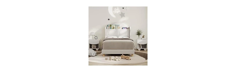 Set of 2 Twin Upholstered Bed for Kids - Soft Padded with Led Night Light, Storage and Sturdy Iron/Plywood/Sponge Frame Easy Assembly