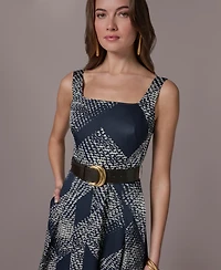 Donna Karan New York Women's Square Neck Fit & Flare Belted Maxi Dress