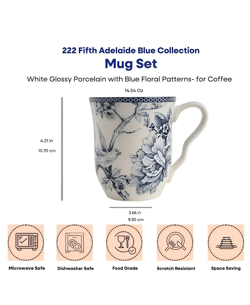 222 Fifth Adelaide Blue Coffee Mugs, Set of 4