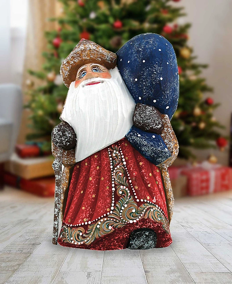 G.DeBrekht Woodcarved and Hand Painted Santa Yuletide Village Visitor with Bag Figurine