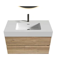 Sillysis Mid-Century Modern Bathroom Vanity with Oak Grille Double Drawers
