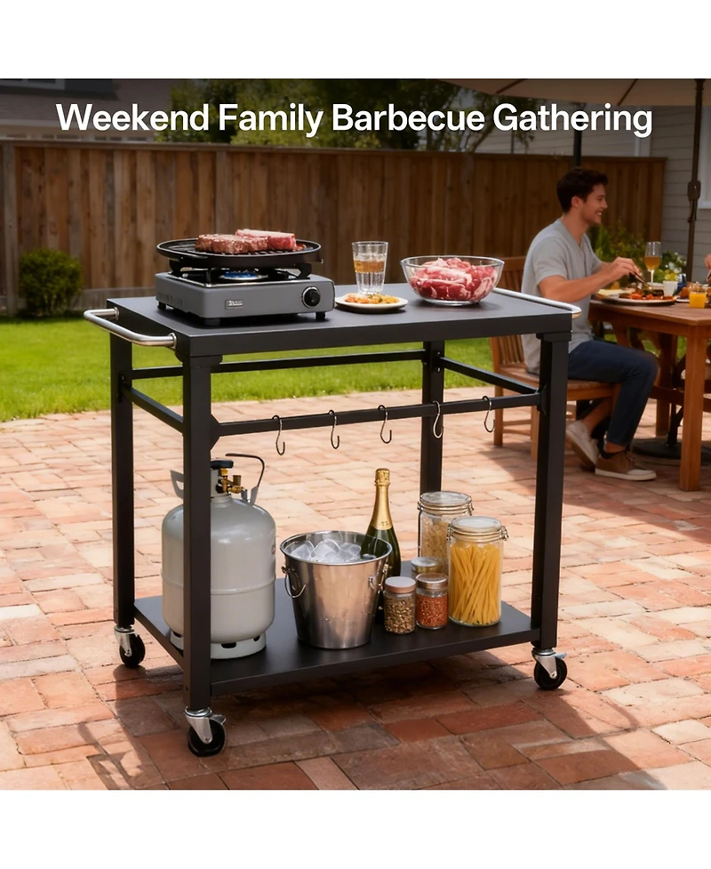 Flynama 2-Tier Outdoor Grill Cart with Locking Wheels and Tool Hooks