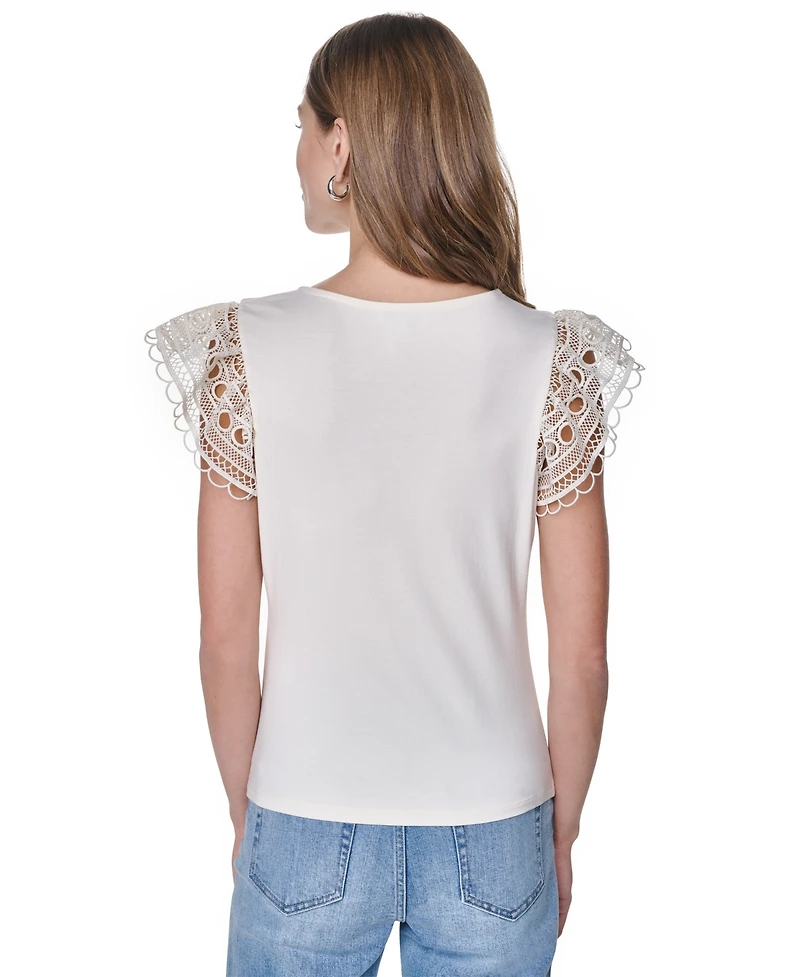Dkny Women's V-Neck Lace Trim Gathered Top