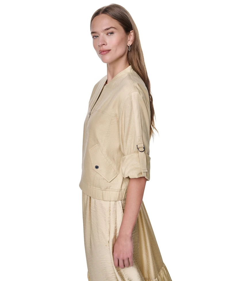 Dkny Women's Roll Tab Linen Bomber Jacket