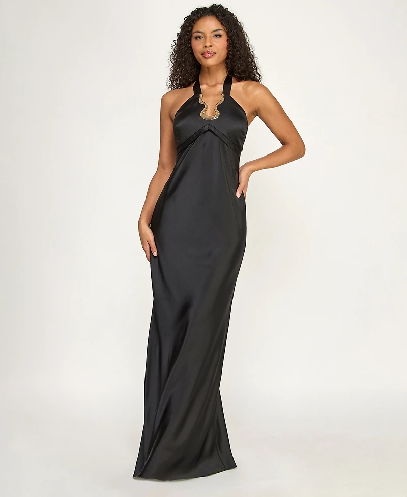 Seni & Cade Juniors' Halter Neck Hardware Trim Satin Long Gown