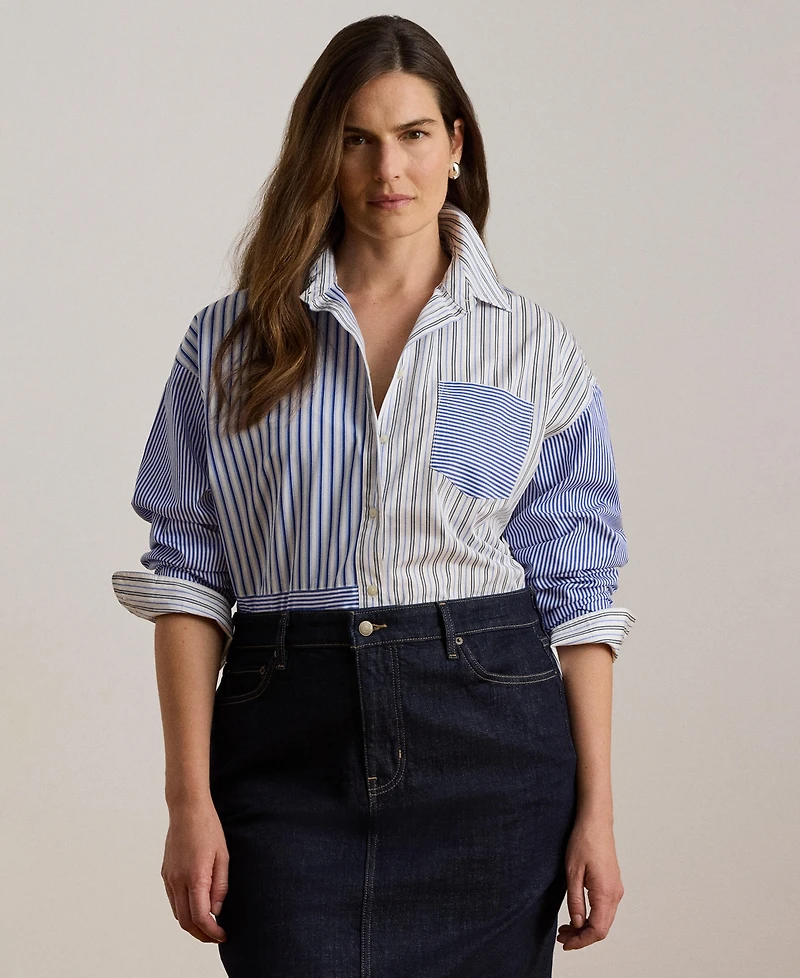 Lauren Ralph Women's Spread Collar Striped Broadcloth Shirt