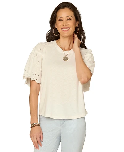 Democracy Petite Puff-Sleeve Crewneck Shirttail Hem Knit Top