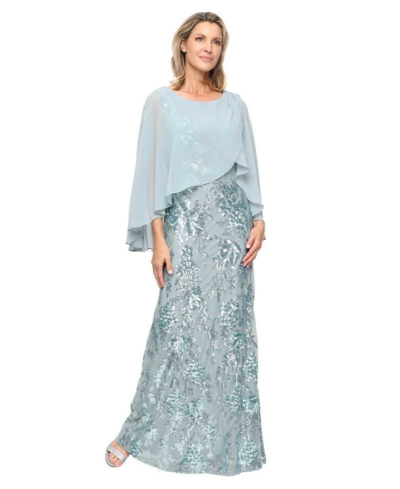 Sl Fashions Petite Embroidered Stretch Cape Long Gown