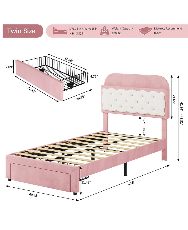 Homfan Velvet Upholstered Bed Frame with Storage Headboard, Footboard Drawer and Wood Slats, Box Spring Not Required