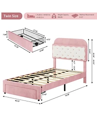 Homfan Velvet Upholstered Bed Frame with Storage Headboard, Footboard Drawer and Wood Slats, Box Spring Not Required
