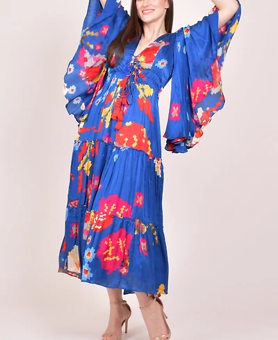Raas Women's Blue Angel Sleeves Ruffle Maxi Sundress