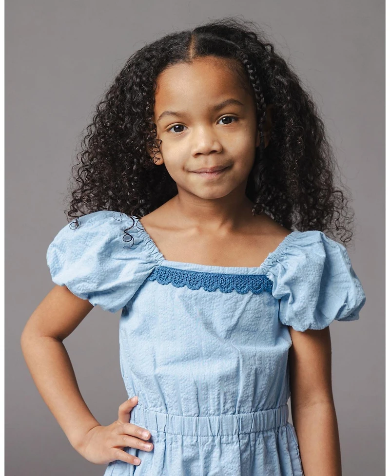 Hope and Henry Little Big Girls' Organic Puff Sleeve Seersucker Romper