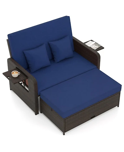 Gouun Outdoor Rattan Daybed Loveseat with 4-Position Backrest and Retractable Side Trays