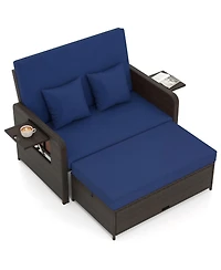 Gouun Outdoor Rattan Daybed Loveseat with 4-Position Backrest and Retractable Side Trays