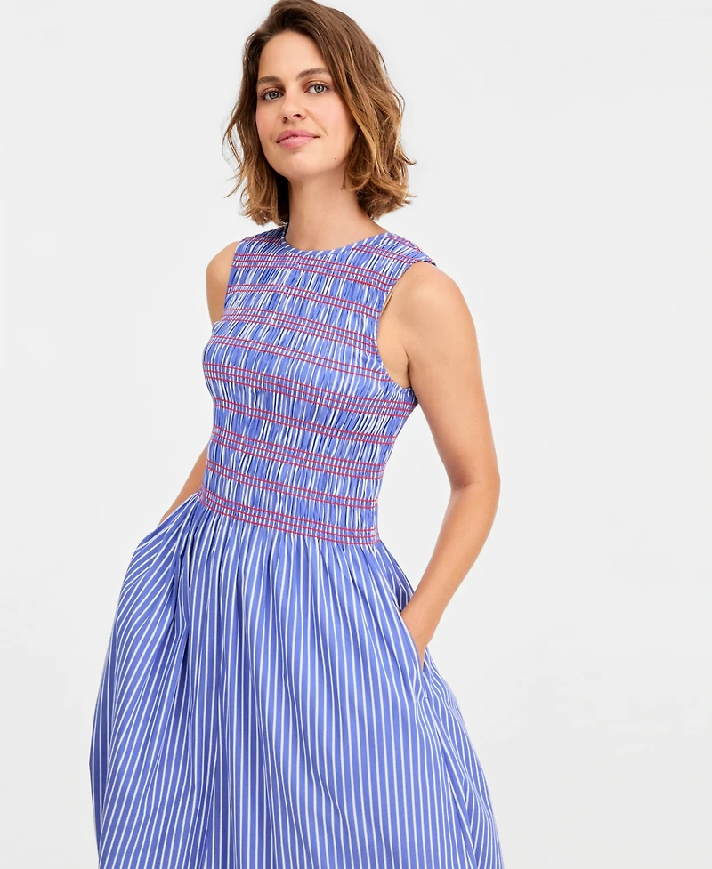 Tommy Hilfiger Women's Cotton Smocked Striped Maxi Dress