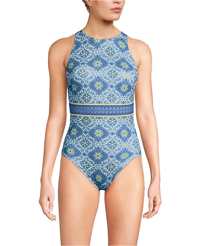 Lands' End Women's Long Tugless High Neck Portrait Back One Piece Swimsuit