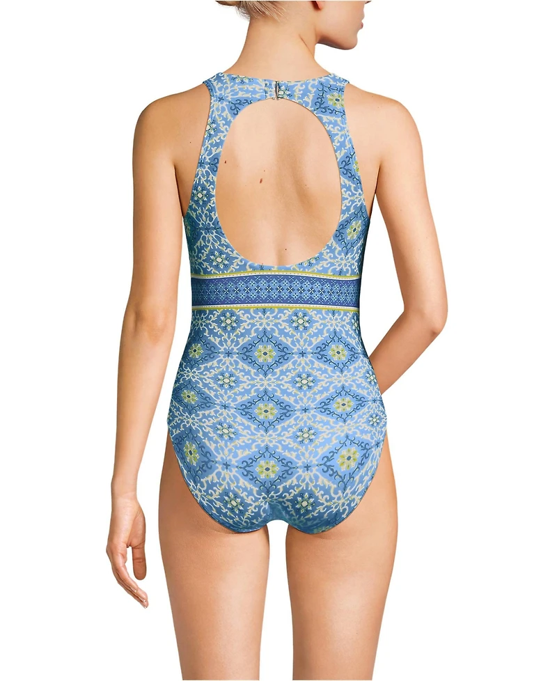 Lands' End Women's Long Tugless High Neck Portrait Back One Piece Swimsuit