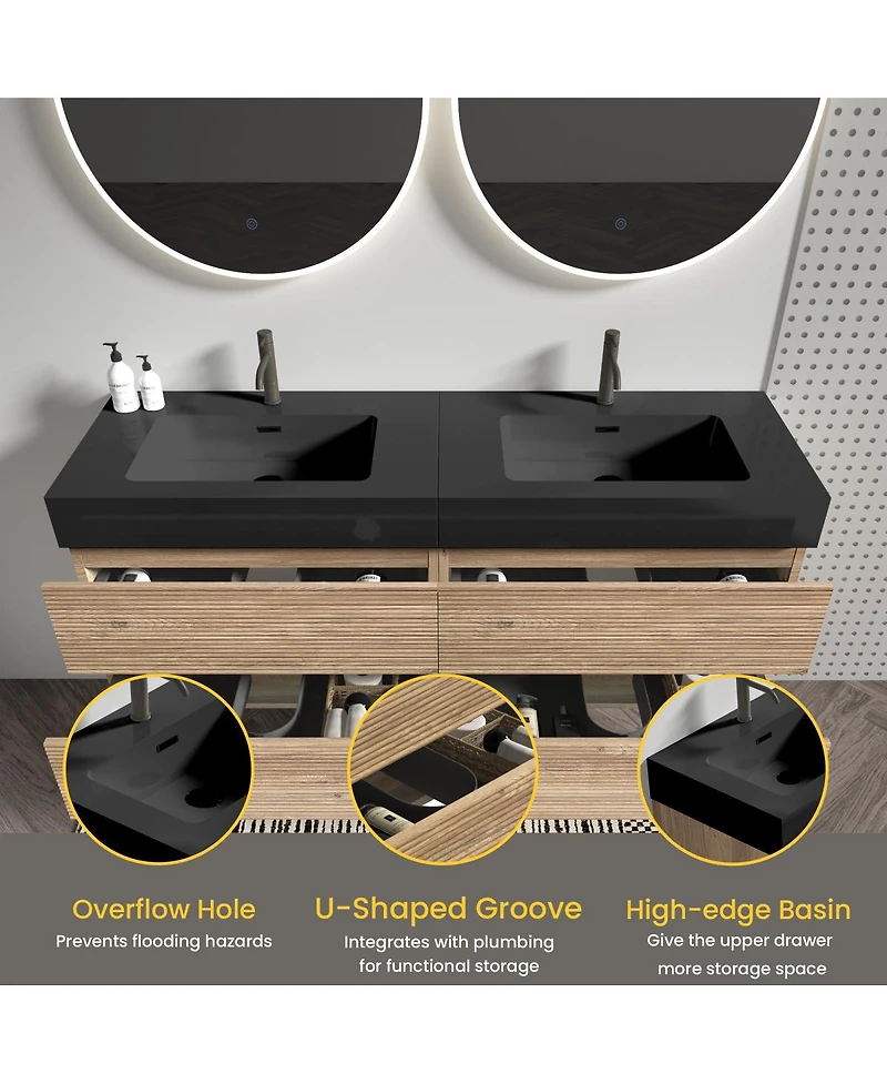 Sillysis Mid-Century Modern Bathroom Vanity with Double Drawers, Quartz Basin