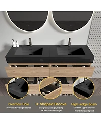 Sillysis Mid-Century Modern Bathroom Vanity with Double Drawers, Quartz Basin