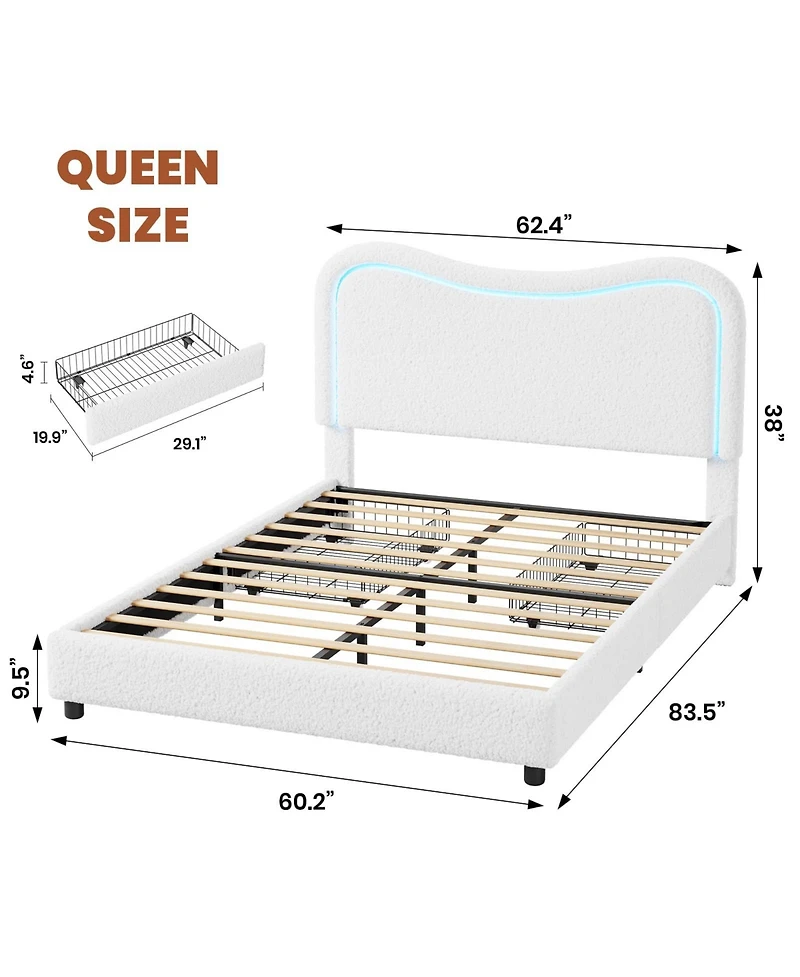 Homfan Boucle Upholstered Bed Frame with 2 Storage Drawers, Led Headboard and Wood Slats