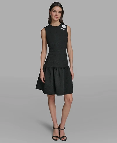 Karl Lagerfeld Paris Women's Crew Neck Jacquard Ruffle Hem Dress