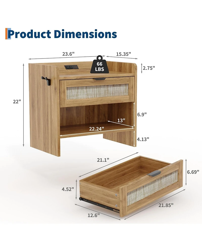 gaomon Home Set of 2 Engineered Wood Rattan Nightstands, Storage End Tables
