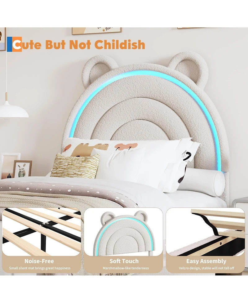 Homfan Upholstered Bed Frame with 2 Drawers, Led Light and Bear Headboard for Kids