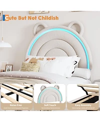 Homfan Upholstered Bed Frame with 2 Drawers, Led Light and Bear Headboard for Kids