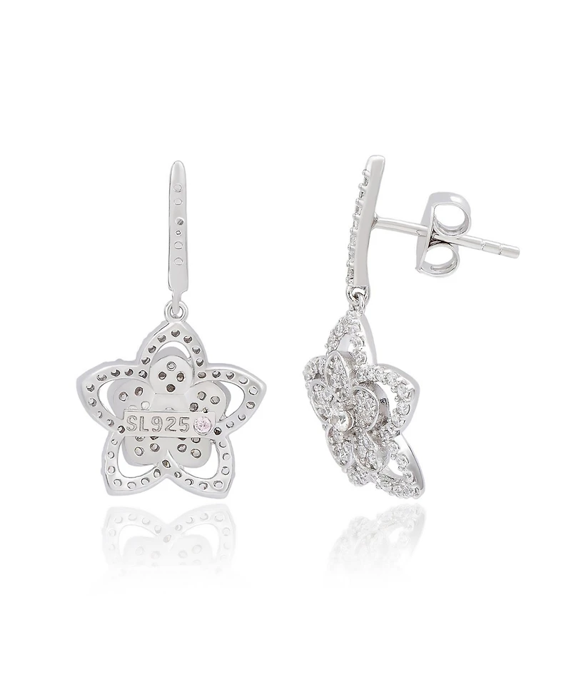 Suzy Levian New York Sterling Silver Pave Cubic Zirconia Flower Halo Drop Dangle Earrings
