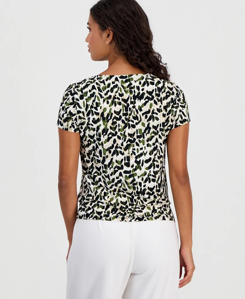 Anne Klein Essentials Petite Printed Asymmetric Short-Sleeve Top