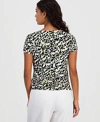 Anne Klein Essentials Petite Printed Asymmetric Short-Sleeve Top