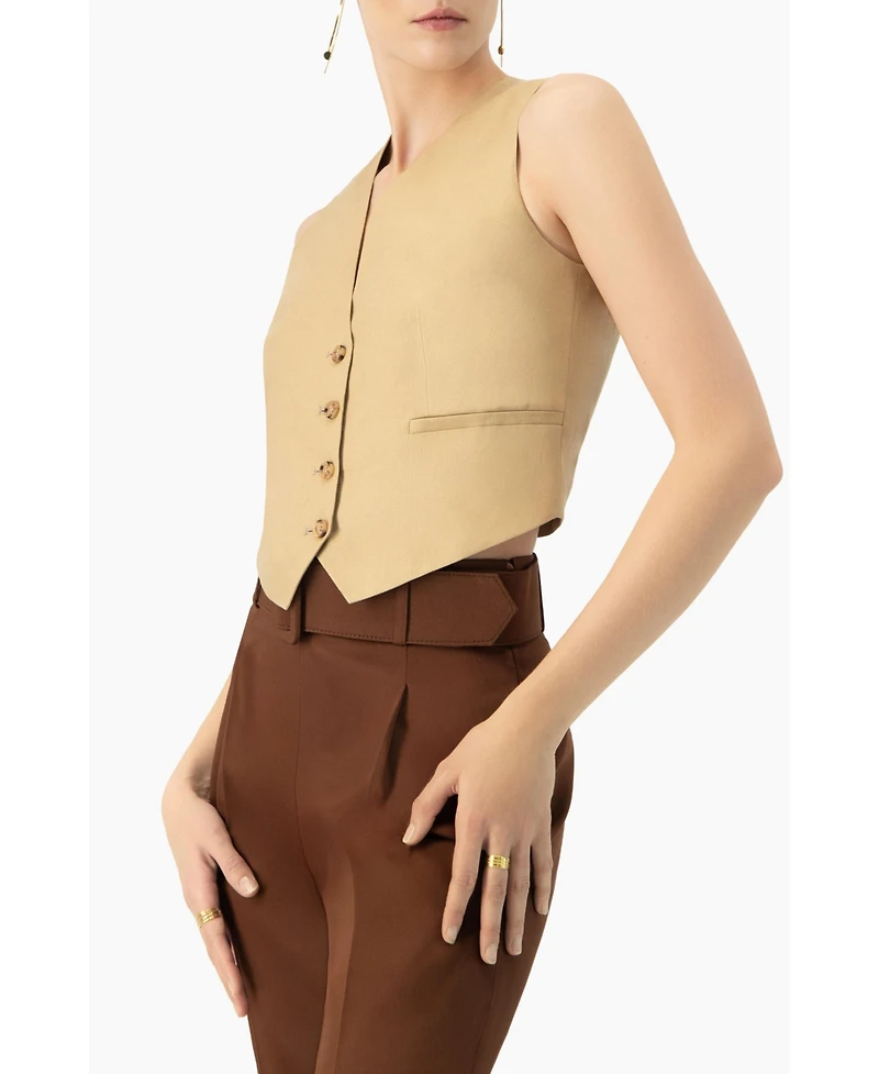 Ivonne Women's Linen Vest with Faux Pockets